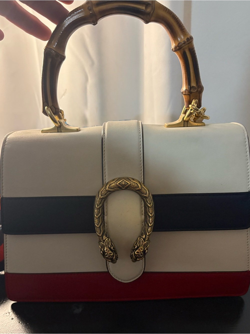 Gucci Dionysus Bamboo Top Handle Satchel in Ivory, Black & Red - Picture 1 of 7